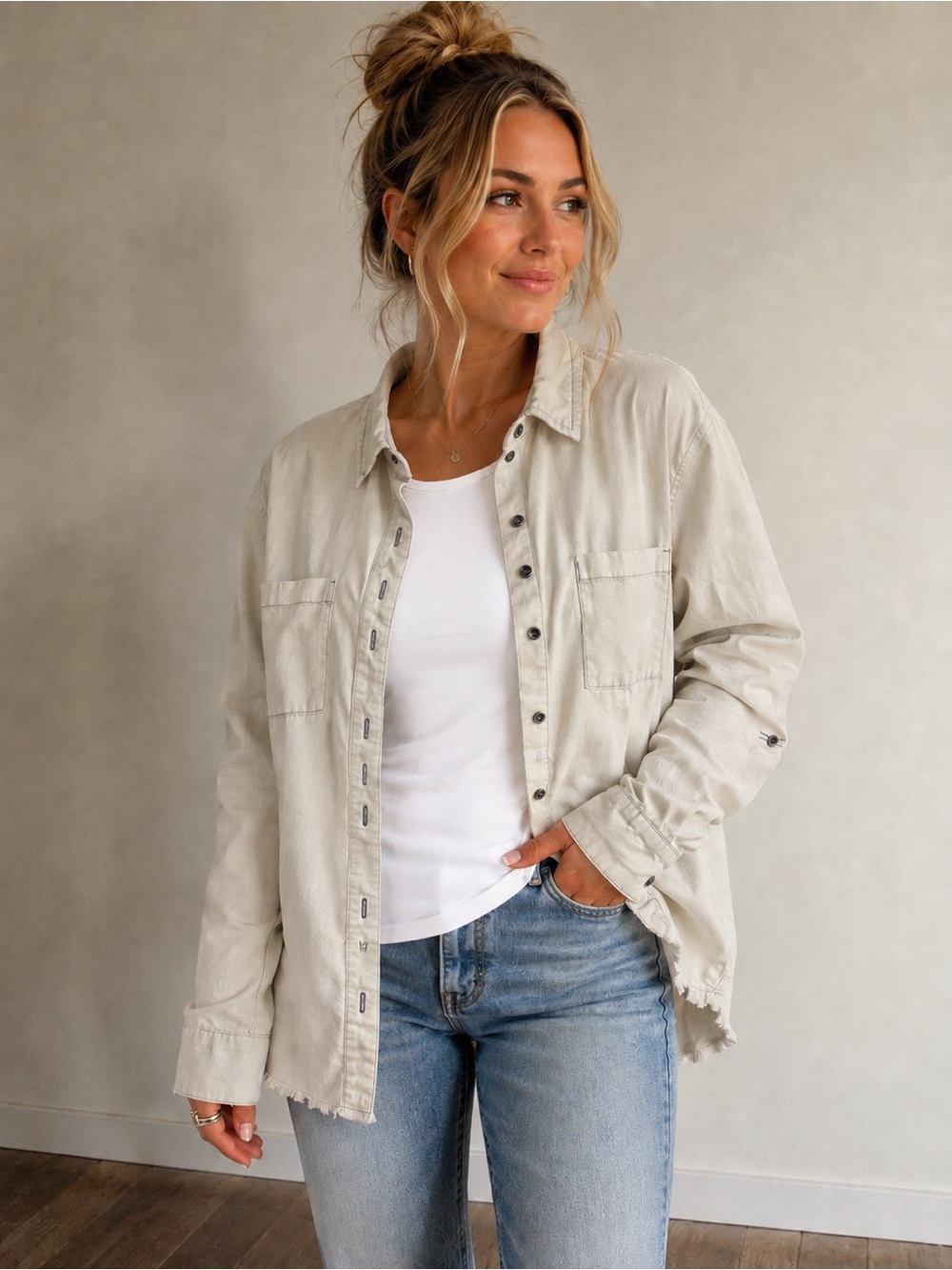 Light Beige Button-Up Utility Shirt Jacket
